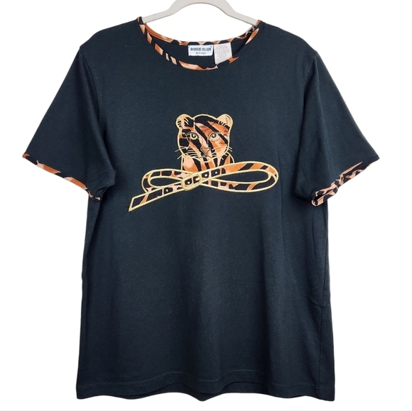 Vintage Bonnie Blain Black Cheetah Leopard Short Sleeve T-Shirt Blouse Large - Picture 1 of 6
